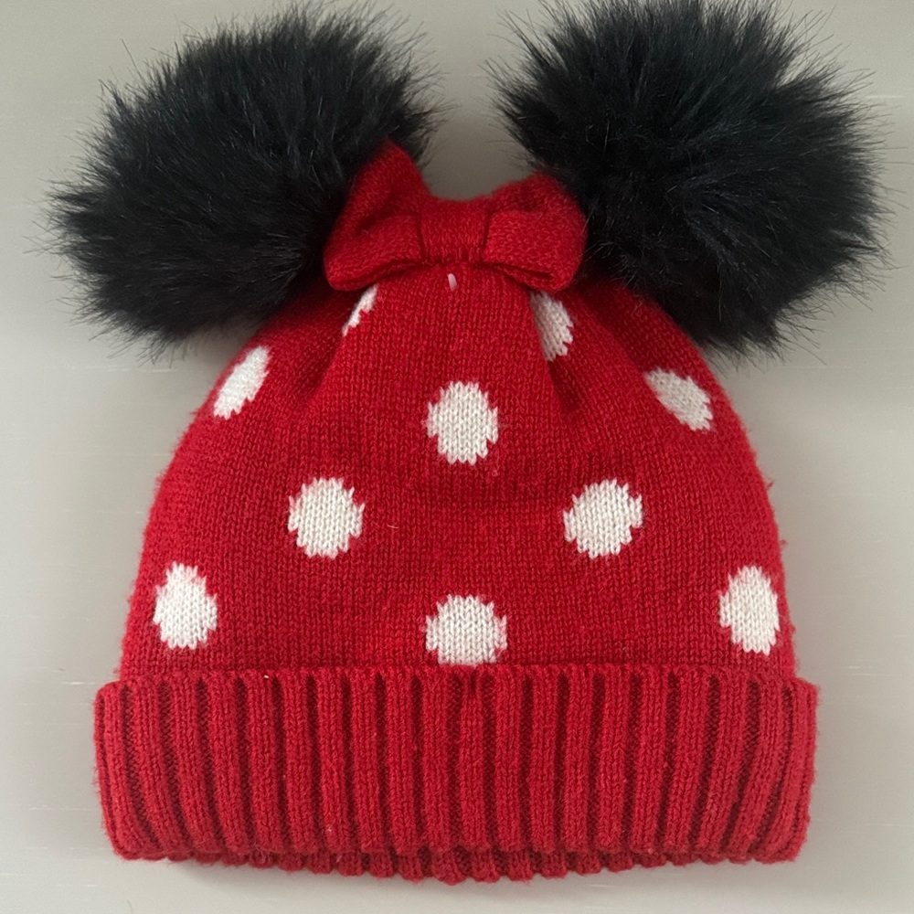 GAP Kids Minnie Mouse Red Hat with White Polka Dots and Black Pom Poms